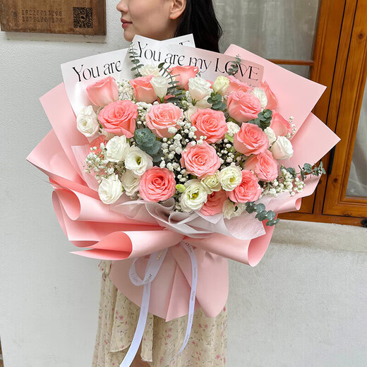 Flower Express Red Rose Champagne Bouquet for Girlfriend and Wife’s Birthday Gift Nationwide Delivery 11 Pink Roses and Platycodon Style