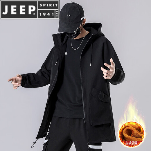 JEEP SPIRIT большой размер ветровка средней длины мужская чисто черная теплая плюс бархатная куртка мужское осенне-зимнее пальто черное/плюс бархат L 110--130Jin Jin равен 0,5 кг