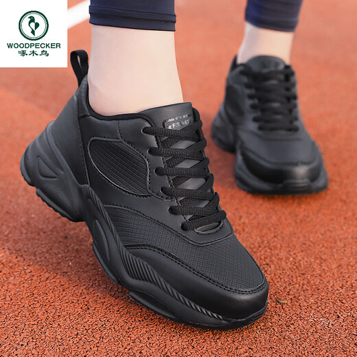 Woodpecker spring and autumn new black women's shoes leather waterproof casual travel shoes Korean version versatile thick sole non-slip dad shoes for women black leather 2288 36