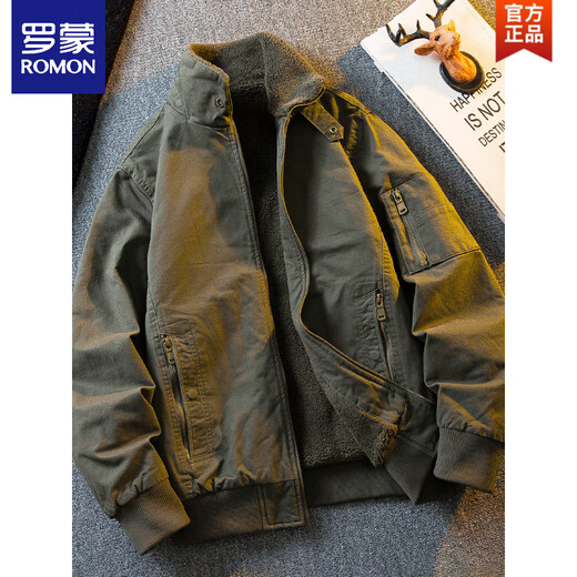 ROMON HPCP American Workwear Military Style Flight Suit Jacket Men's Winter Warm Plus Velvet Thickened Lamb Wool Cotton Jacket Military Green Upgrade 2.0 Upgrade Pocket Version M (95-115Jin Jin equals 0.5kg)