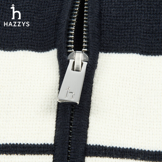 HAZZYS Men's 2026 Spring New Cardigan Sweater Cotton/Cashmere Striped Sweater Men's ABYZD0DADB5 Navy Blue NV L (175/96A 48)
