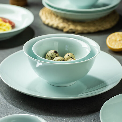 Tuojin Jingdezhen high temperature shadow celadon dishes and spoons free combination rice bowl noodle bowl round plate household tableware gift porcelain 8.5 inch soup bowl 1 piece