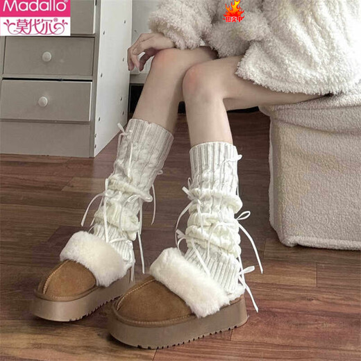 Modal bow socks calf socks women Japanese JK autumn and winter warm knitted pile socks lolita cute leg covers beige one size