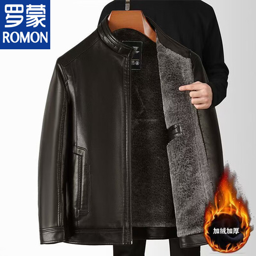 ROMON high-end soft leather middle-aged leather jacket plus velvet thickened men's casual loose large size leather jacket middle-aged and elderly dad's outfit really upgraded black plus velvet standing leather jacket thickened 3XL 190 reference weight 160-180Jin Jin is equal to 0.5 kg