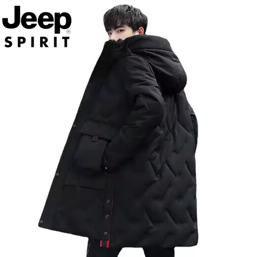 JEEP Jeep International Brand Мужская пуховик средней длины, новинка 2025 года, зимняя утолщенная куртка с капюшоном большого размера, белая куртка на утином пуху, черная M 80-110Jin Jin равна 0,5 кг