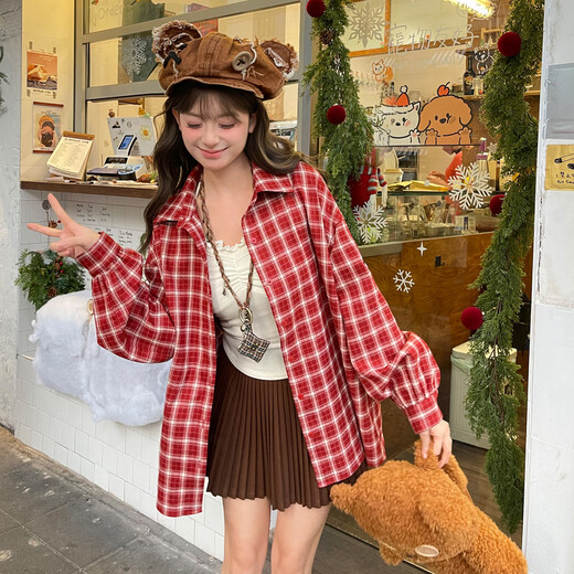 Mori Girl Tribe Sweet Style Simple Long Sleeve Plaid Shirt Women 2025 New Student Party Loose Versatile Jacket Winter Red Shirt Single Piece M
