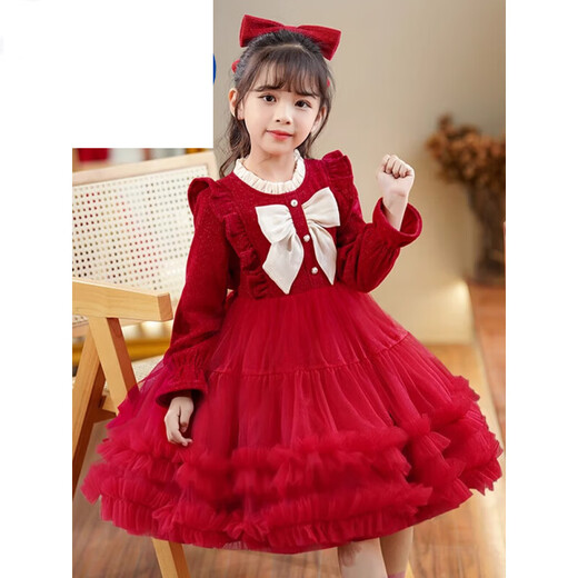 Didi HEYDIDY girls dress winter 2025 new baby autumn and winter New Year's greetings children's wear New Year's clothes princess skirt pink 100 cm