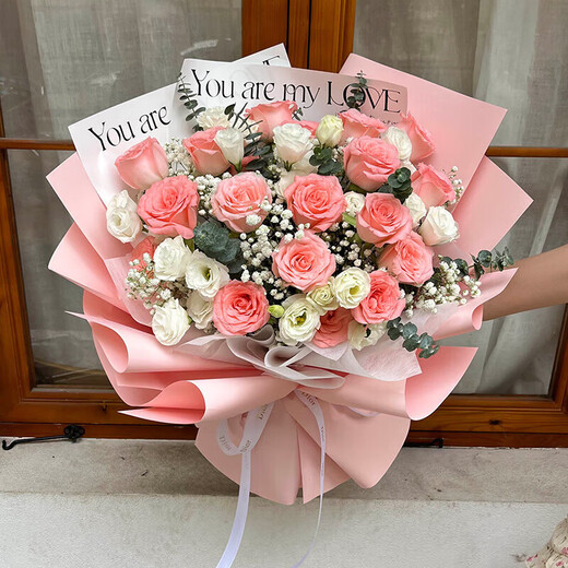 Flower Express Red Rose Champagne Bouquet for Girlfriend and Wife’s Birthday Gift Nationwide Delivery 11 Pink Roses and Platycodon Style