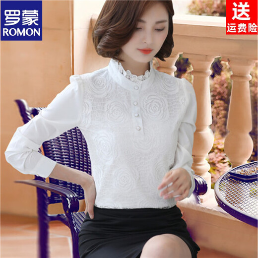 ROMON shirt women's long-sleeved 2026 spring new style Korean style stand-up collar plus velvet warm lace chiffon bottoming shirt versatile top black spring and autumn S