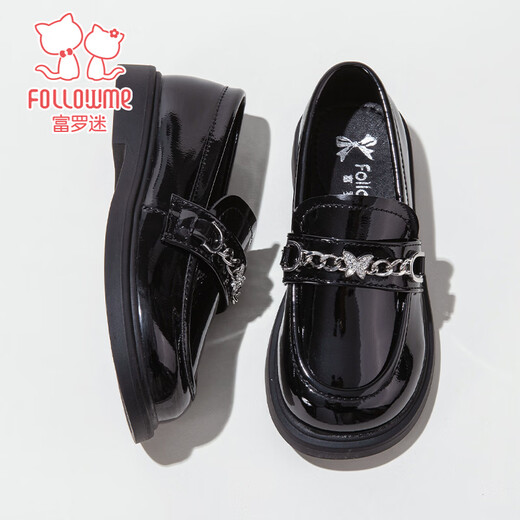 Fuluo Mi Girls' Leather Shoes 26 Spring Fashionable Loafers Children's Soft Soled Lightweight Single Shoes Shadow Black 29