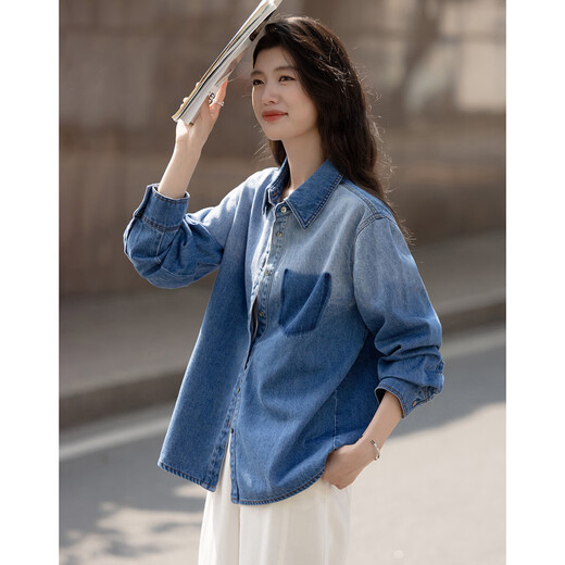 Demana Cloud Oxygen Cotton Spring Temperament Urban Lapel Gradient Shirt Loose Small Denim Shirt Women's Top