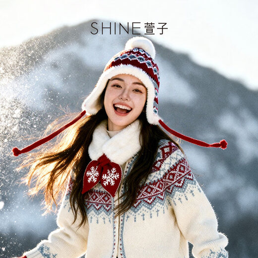 Xuanzi (SHINE) Qiqijiang exclusive SHINE Xuanzi jewelry knitted Fair Isle series plush hat fur ball beanie red M (56-58cm)