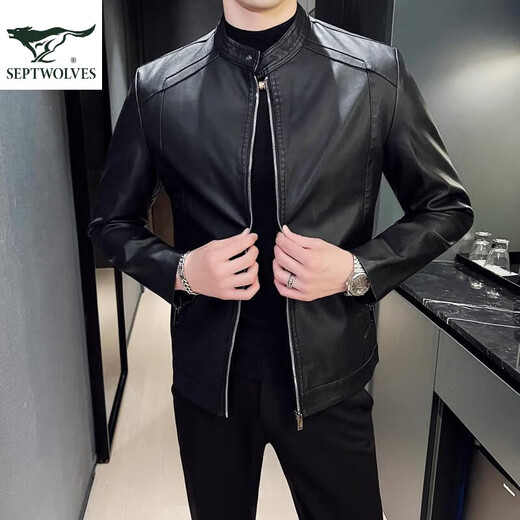 Septwolves Recommended by Yangma Spring and Autumn Thin Stand Collar Simple Large Size Casual Slim Leather Jacket Men's Fashion Velvet Motorcycle PU Black Thin M _Recommended 100-110 Jin Jin equals 0.5 kg