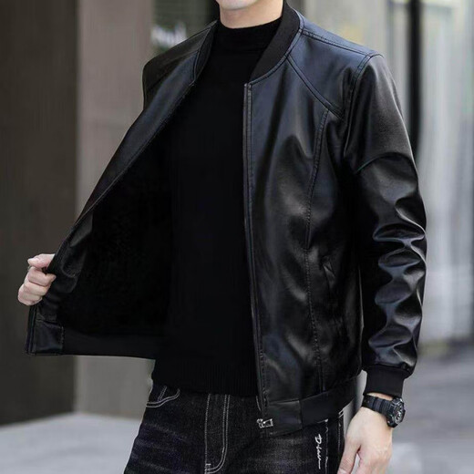 Goldlion Haining Men's Spring and Autumn Jacket Winter Velvet Casual Loose Leather Jacket for Middle-aged and Elderly Black#Soft Leather Baseball Uniform Spring and Autumn Thin M 170_88A_Recommended 95-120Jin Jin is equal to 0.5 kg