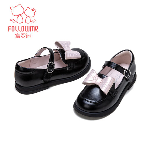 Fuluo Mi Girls Leather Shoes Spring New Sweet Bow Princess Shoes Little Girls Soft Sole Lightweight Loafers Black 30