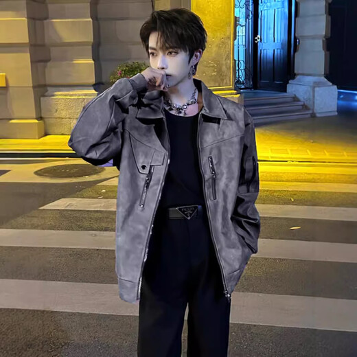 Корейская мужская элитная куртка, короткая модная брендовая винтажная американская кожаная куртка, красивая мотоциклетная куртка, весенне-осенняя серая M