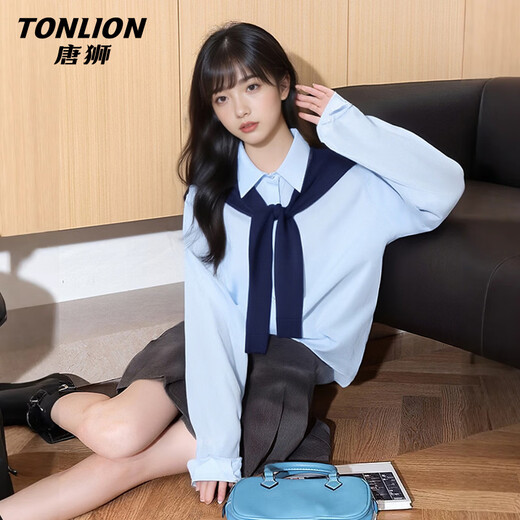TonLion pure cotton long-sleeved shirt women's spring and autumn new trendy shawl contrasting color design loose slimming tops for women