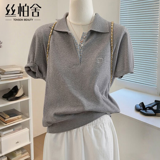 Sibaishe solid color lapel short-sleeved sweater for women 2026 spring new fashion embroidered simple pullover top