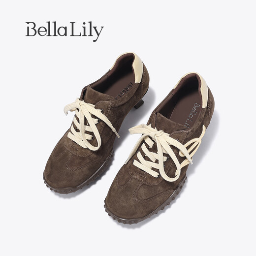 Bella Lily 2026 spring new European and American style high heels women's sheepskin moral training shoes retro niche casual shoes coffee color 35