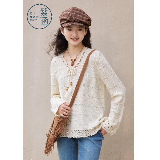 Zihan (ZIHAN) Zihan off-white V-neck strappy sweater for women 2026 spring new nomadic style hollow lace design sweater off-white XL