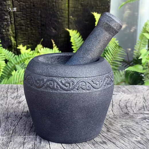 MPPMCK black gold stone mortar garlic pounder medicine jar stone household medicine mortar stone garlic mortar small grinder stone Gu mortar diameter 13CM