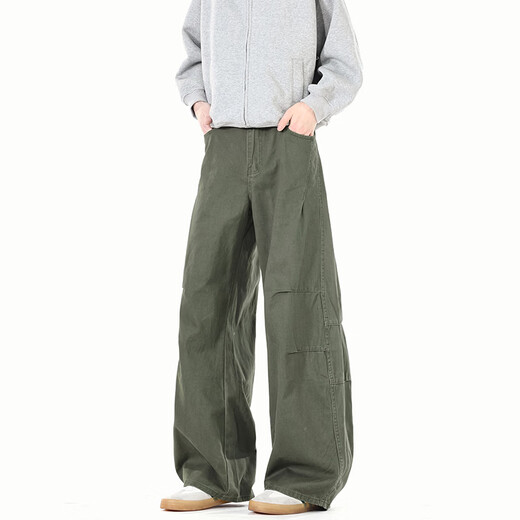 LOMBT Mono retro americano para hombre, pantalones casuales rectos, altos y versátiles, de pierna ancha, de algodón puro, de primavera, LX18, verde militar, L