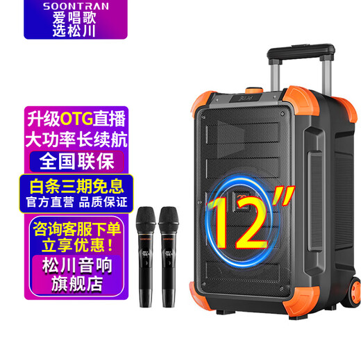 Songchuan International SS6 outdoor high-power karaoke singing audio mobile trolley home mobile square dance performance Bluetooth speaker stage live broadcast sound card all-in-one machine with wireless microphone SS6-12H wireless microphone * 2 + sound card live broadcast + gift package