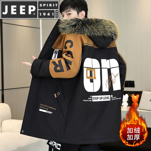 JEEP SPIRIT mid-length parka men's winter new cotton coat plus velvet thickened cotton coat hooded windbreaker jacket warm cotton jacket black coffee - with fur collar M about 80-100 Jin Jin equals 0.5 kg can be worn