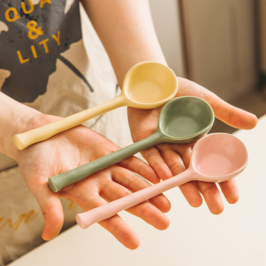 WANIOT eating spoon cute high-looking creative ceramic small spoon household soup ins long handle rice spoon small light green-Morandi spoon