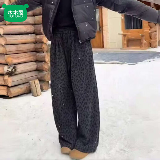 Mumuwu (mumuwu) 2026 new leopard print glutinous rice plus velvet straight pants for women, imitation rabbit fur pants, loose high-waisted slim floor-length pants for children, leopard print imitation rabbit velvet straight pants 180, recommended height 167-173