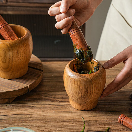 Sheli solid wood garlic mortar, log garlic masher, medicinal jar, wooden grinder, household chili garlic masher, medium size (with garlic masher)