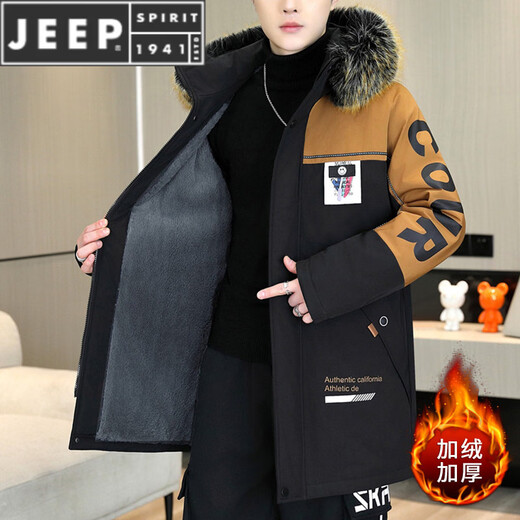 JEEP SPIRIT mid-length parka men's winter new cotton coat plus velvet thickened cotton coat hooded windbreaker jacket warm cotton jacket black coffee - with fur collar M about 80-100 Jin Jin equals 0.5 kg can be worn