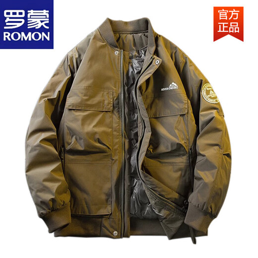 罗蒙（ROMON）美式工装羽绒服男士外套2025秋冬季新款潮流痞帅棒球领飞行员夹克 咖绿色 白鸭绒羽绒服 M 100-115斤