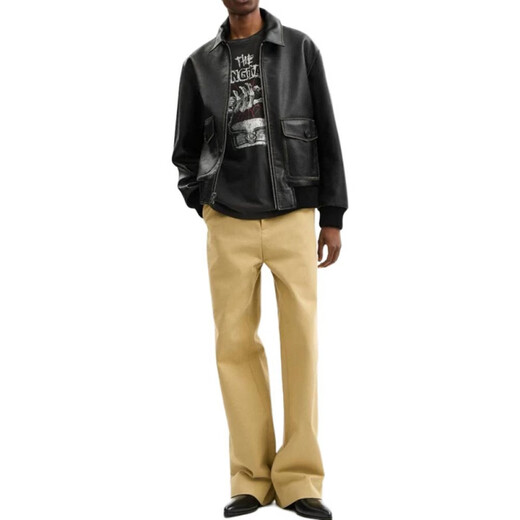 COACH Solid Color Lapel Zipper Drop Shoulder Long Sleeve Leather Jacket Men's Black S