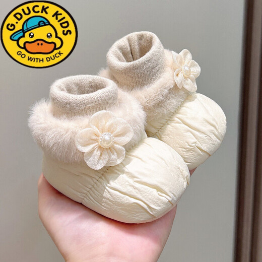 G.duck小黄鸭冬季婴儿加绒软底鞋女宝宝棉鞋袜保暖新生儿鞋子0-1岁花朵 卡其(冬暖棉鞋-侧上琉金花) 11.5 内长cm