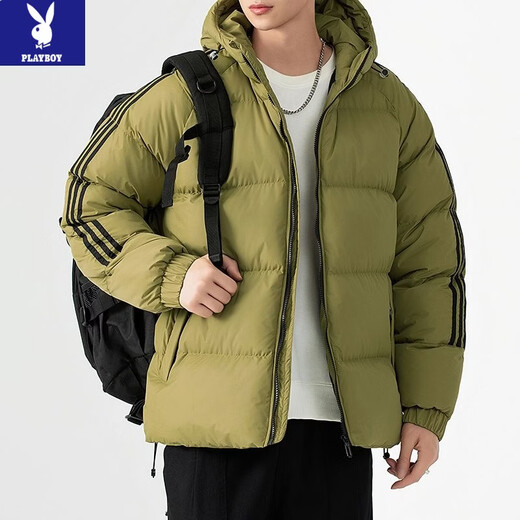 Playboy (PLAYBOY) new winter thickened hooded cotton jacket, warm and cold-proof cotton coat, casual bread coat, three-stripe cotton coat, men's jacket, Khaki S