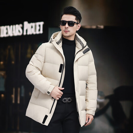 GUSKI luxury high-end brand down jacket men's winter new mid-length hooded white duck down warm casual jacket black - exquisite gift box M