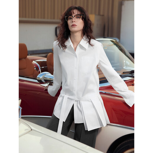 ELLE brushed cotton design pleated shirt for women 2026 spring new loose casual shirt two-piece set white S