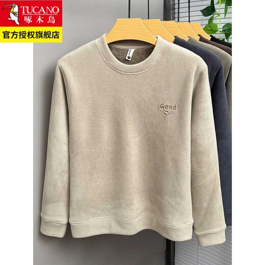 Woodpecker thickened velvet sweatshirt men's round neck winter flannel warm top men's fleece ultra-thick all-in-one velvet bottoming shirt 6665 meters gray 2XL recommended 125-145Jin Jin equals 0.5 kg