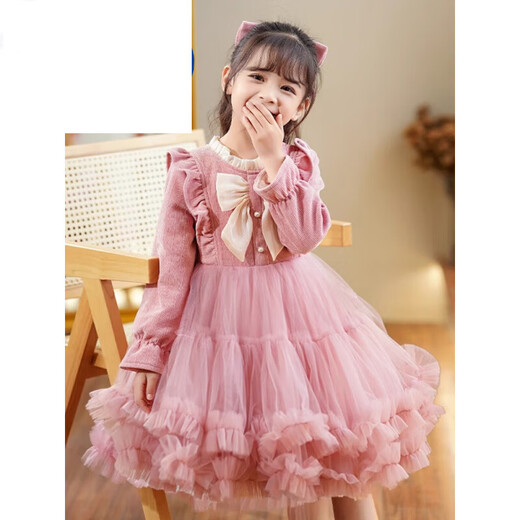 Didi HEYDIDY girls dress winter 2025 new baby autumn and winter New Year's greetings children's wear New Year's clothes princess skirt pink 100 cm