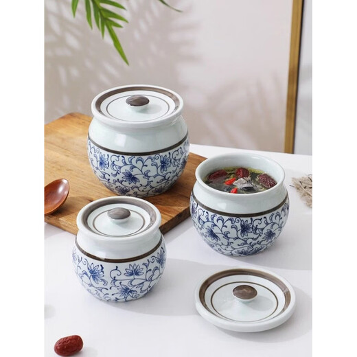 Jingyan ceramic crock pot soup stew pot household with lid water-proof stew for one person Suzaku soup stew pot steaming pot old-fashioned simmering soup small soup cup blue and white 300 ml suitable for 1 person bird's nest