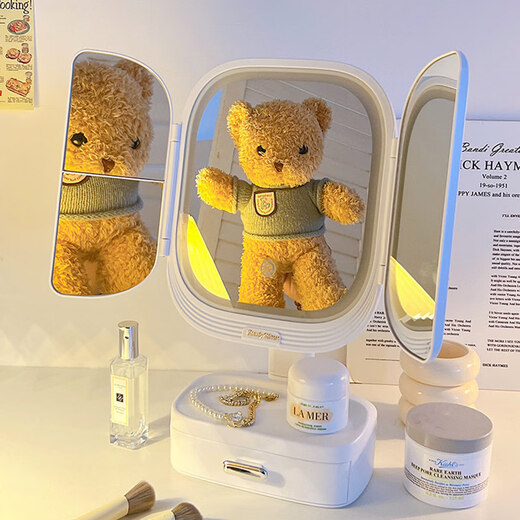 Mirror makeup mirror with light desktop desktop led makeup mirror home bedroom folding mirror student birthday gift female cream white