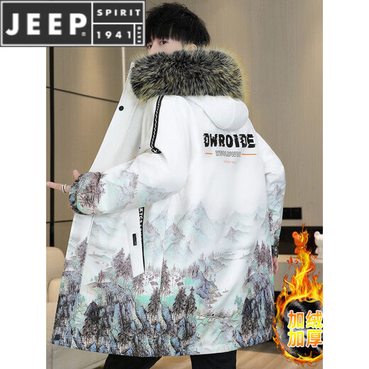JEEP SPIRIT plus velvet and thickened men's jackets and jackets, a larger style to overcome cotton coats, autumn and winter men's mid-length cotton coats, windbreakers, white, plus velvet and thickened M, recommended 90-105 Jin Jin equals 0.5 kg