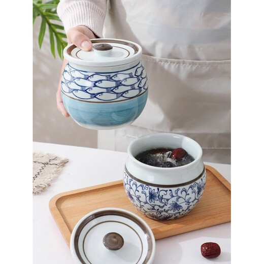 Jingyan ceramic crock pot soup stew pot household with lid water-proof stew for one person Suzaku soup stew pot steaming pot old-fashioned simmering soup small soup cup blue and white 300 ml suitable for 1 person bird's nest