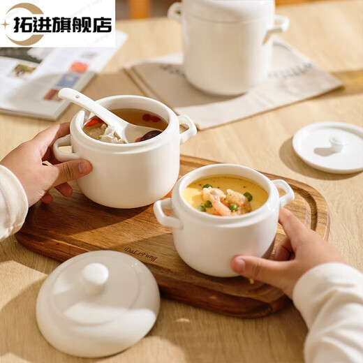Tuojin Jingdezhen ceramic milky white water-proof stew pot double-eared bird's nest special soup cup household stew bowl steamed egg cup stew pure white double lid stew cup small size 360ML