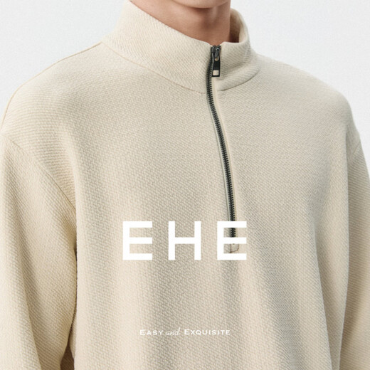 EHE men's air layer pleated three-dimensional texture stand collar zipper drop shoulder fitted sweatshirt men 2026 spring new style beige, S