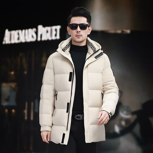 GUSKI luxury high-end brand down jacket men's winter new mid-length hooded white duck down warm casual jacket black - exquisite gift box M