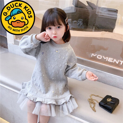 G.duck Little Yellow Duck Girls Dress Western Style Spring and Autumn Clothing Children's Long Sweatshirt Plus Velvet Lace Princess Gauze Skirt Thickened Pink 120