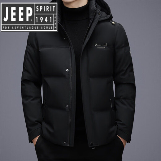 JEEP SPIRIT2025 winter hooded short down jacket for middle-aged men, casual, velvet, thickened, warm, winter, cold-proof jacket, versatile, black 2XL 185