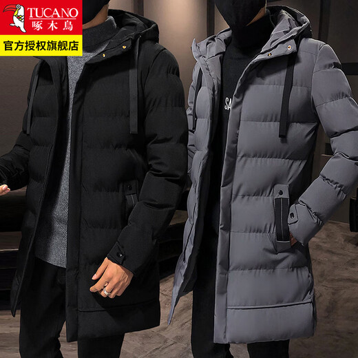 Woodpecker (TUCANO) down jacket winter men's mid-length coat to prevent cold and warm cotton jacket thickened youth hooded cotton coat men's fashion black XL